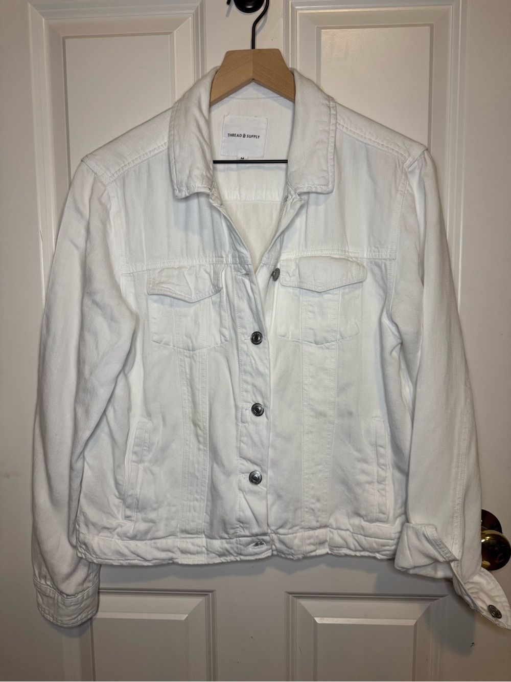 Thread & Supply White Trucker Jacket, lightweight coastal grandma